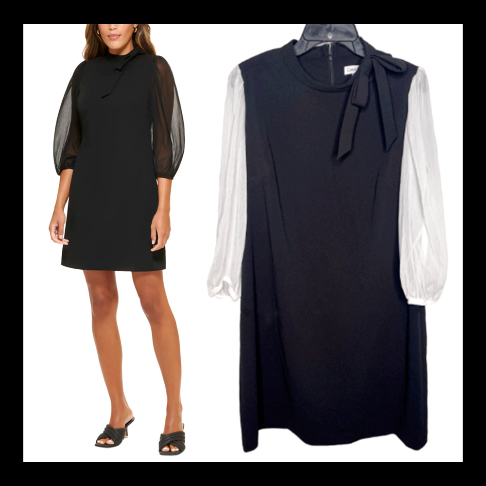 Calvin Klein 14 Bow Tie Neck Sheer Long Sleeve Dress $99 Black White
